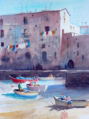 Andre Mehu; Monopoli, 2010, Original Watercolor, 46 x 61 cm. Artwork description: 241  The brightness of Monopoli, harbour set on the italian adriatic coast. In the backside the old fronts with figures walking on the quay. On the foreground fishermen in their boats get ready for fishing. ...