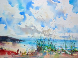 Andre Mehu; The Dune, 2010, Original Watercolor, 48 x 36 cm. Artwork description: 241  The luminosity of a beach from brittany, with figures walking on the front sea ...