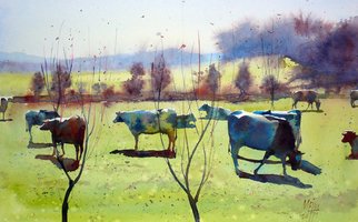 Andre Mehu; The Herd Of Troverne, 2011, Original Watercolor, 61 x 45 cm. Artwork description: 241   Watercolor landscape featuring some cows in a field.  ...