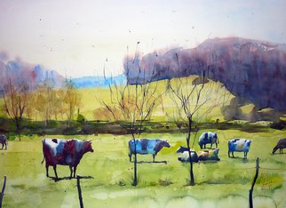 Andre Mehu; Troverne, 2011, Original Watercolor, 61 x 45.5 cm. Artwork description: 241  Watercolor landscape featuring some cows in a field. ...