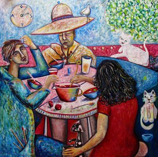 Andrew Osta; Dinner With Toller Cranston, 2012, Original Painting Oil, 5 x 5 feet. Artwork description: 241  Andrew Osta, Girlfriend, and Toller Cranston ( canadian 6 time figure skating champion) having the traditional Russian Borsch at the artist' s Mexico studio, with cats looking on ...