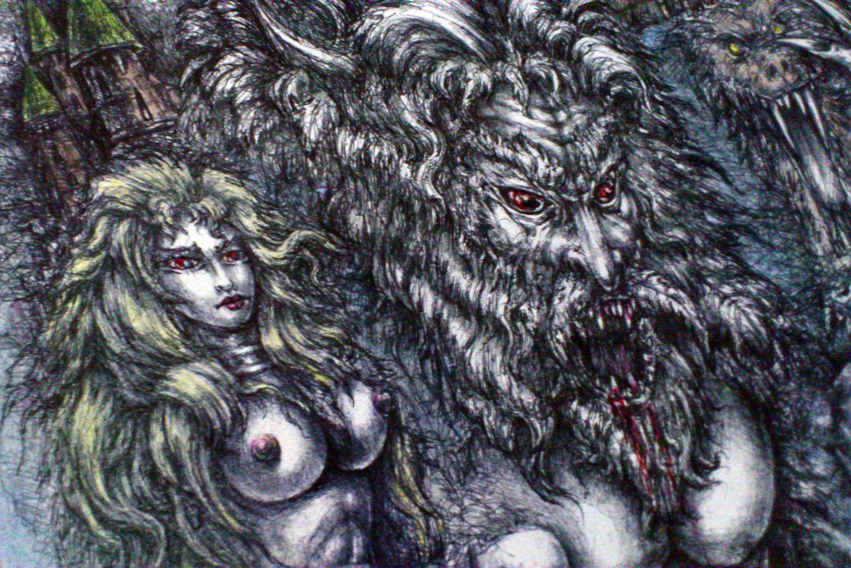 Angel Piangelo Papangelo; RIDING HOOD AND THE WOLF, 2016, Original Mixed Media, 35 x 50 cm. Artwork description: 241 PAINTING DRAWING - mixed Technique - Permanent, as permanent black pens were used for the main Drawing - FANTASY DARK HORROR - inspired from the medieval Mythology the Fairy Tales of Grimm Brothers - Original Angel P.  Artwork 2016 - a black wooden Frame is included, which means that the Artwork is ready ...