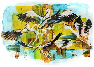 Ariadna De Raadt; White Storks, 2017, Original Mixed Media, 48 x 33 cm. Artwork description: 241  mix media op paper : acrylic, watercolor, ink in plastic frame with heavy plastic glass Painting, Acrylic, Gesso, Gouache, Ink, Watercolor, Art Deco, Conceptual Art, Contemporary painting, Figurative Art, Illustration, Paper, Animals, Nature, acrylic, animals, art, artwork, bird, colorful, drawing, ecological, graphic, illustration, mix media, nature, stork, texture, ...
