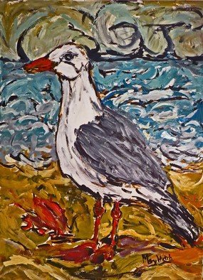 Mary Hatch; Sea Gull With Crab, 2017, Original Painting Acrylic, 22 x 30 inches. Artwork description: 241 Seagull on the Beach with crab on the sand, ocean in the background and turbulent sky. Work on Paper. ...