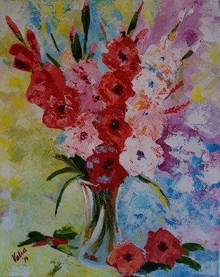 Valerie Curtiss; Glad All Over, 2014, Original Painting Acrylic, 16 x 20 inches. Artwork description: 241  Still life, a bunch of gladiolus, glads, vase, pinks, yellow, palette knife, acrylic, flowers, floral ...
