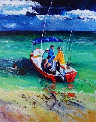 Valerie Curtiss; READY FOR FISHING , 2015, Original Painting Acrylic, 16 x 20 inches. Artwork description: 241  Boat, fishing, gulf, fishermen, water, sea, waves, turquoise, a study of fishermen in a boat ready for a day's fishing on the gulf. ...