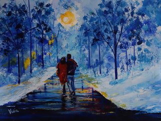 Valerie Curtiss; WINTER WALK, 2014, Original Painting Acrylic, 20 x 16 inches. Artwork description: 241  A couple on a winter walk on an icy snowy day, sunset, reflections, trees, park, city, blue, impressionism, palette knife, acrylic ...
