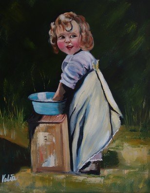 Valerie Curtiss; Washday, 2011, Original Pastel Oil, 16 x 20 inches. Artwork description: 241  A painting inspired by a photo of a friend taken in 1921 and published in a california newspaper.  Washing, play, child, girl, washtub, garden, fun, oil  ...