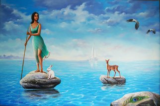 Sabir Haque; Sea Voyage, 2016, Original Painting Acrylic, 72 x 48 inches. Artwork description: 241 Eternal quest for her beloved, who has forsaken her, creatures like deer , rabbit, bird etc sympathies her. ...