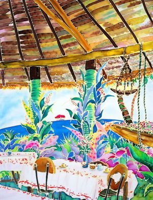 Hisayo Ohta; Afternoon Tea Break, 1998, Original Painting Other, 45 x 35 cm. Artwork description: 241  Painting on silk.Moorea, Tahiti                                                               ...