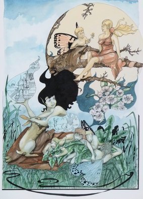 Rhoda Taylor; Fair And Softley Go Sure ..., 2015, Original Illustration, 37 x 51 inches. Artwork description: 241  Fairies and Dreams.Detailed artwork using Pen/ ink/ gouache. Flowers/ Animals/ Fairies ...