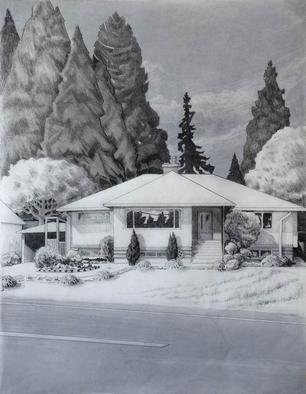Gabriella Morrison; Guenther House, 2005, Original Drawing Pencil, 17 x 22 inches. Artwork description: 241 One of a series of drawings that explore the theme of suburban housing through a combination of tropes of Real Estate advertising images and picturesque landscape....