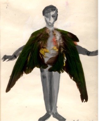 Susan Baquie; Winged Boy, 1995, Original Collage, 19.5 x 25 cm. Artwork description: 241 The bird  wings are collaged onto the ink and water colour depiction of a young boy getting his wings. ...