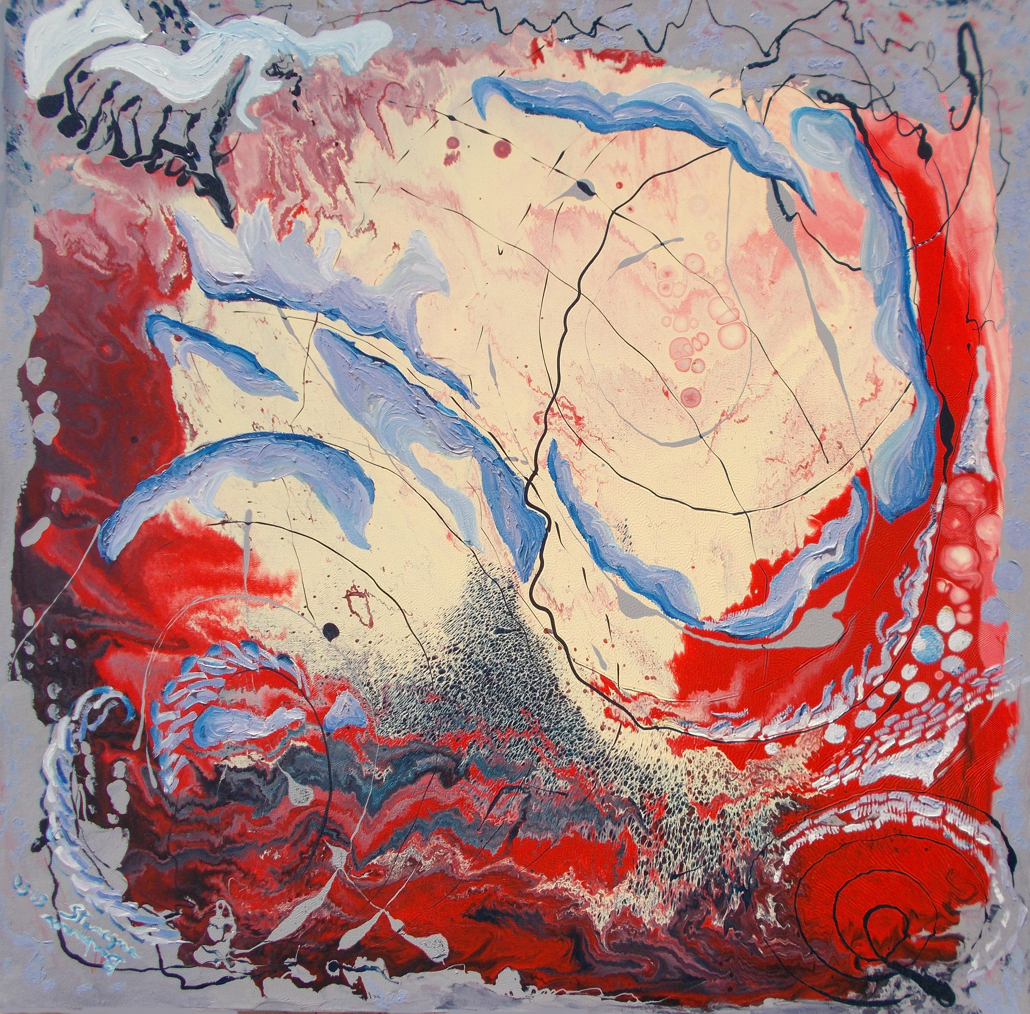Barbara Stamegna; Movements Of Infinite, 2003, Original Painting Oil, 70 x 70 cm. Artwork description: 241 Violet, light blue, blue, white, fluid floating shapes and lines on violet, red, black, pink, creamy white, enamel background, with nuances and shades.The artwork may have multiple interpretations according to the viewer s perspective and experience of life, so that the viewer becomes himself herself the ...