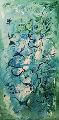 Barbara Stamegna; Orient Impressions, 2003, Original Painting Oil, 60 x 120 cm. Artwork description: 241 Blue, green, purple shapes and lines on blue, white, green water like enamel background. The artwork may have multiple intrepretations according to the viewer s perspective and experience of life, so that the viewer becomes himself herself the artist.Artwork realized with oil painting on a base ...