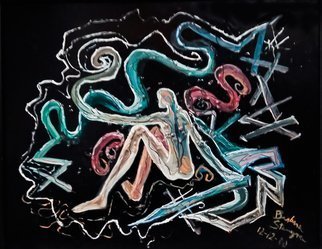 Barbara Stamegna; Primordial Connection, 2000, Original Painting Oil, 50 x 40 cm. Artwork description: 241 Multicolored oil painted abstract human figure in white, blue, gray, red pink shaded colors on black enamel background. Artwork realized with oil painting  striped with a sharp stick on a base of enamel poured and smeared on canvas with a knife modified by atmospheric agents with pieces ...