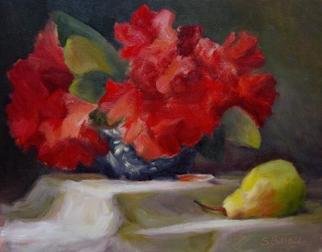 Susan Barnes; Pear With Red Rhodos In C..., 2004, Original Painting Oil, 14 x 11 inches. 