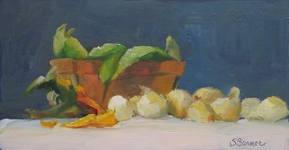 Susan Barnes; Peas And Onions, 2008, Original Painting Oil, 12.1 x 6.3 inches. Artwork description: 241  Oil on mat board, 6 1/ 4 x 12 1/ 8 inches ...