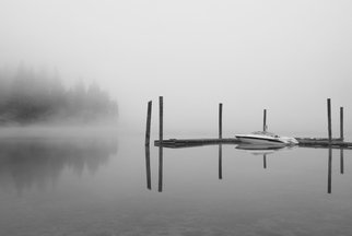 Barry Greff; Reflection On Mystic Lake, 2010, Original Photography Black and White, 22 x 17 inches. Artwork description: 241 lakeboatfogmistboatingscenicscenerymoodreflectionfine art photography...