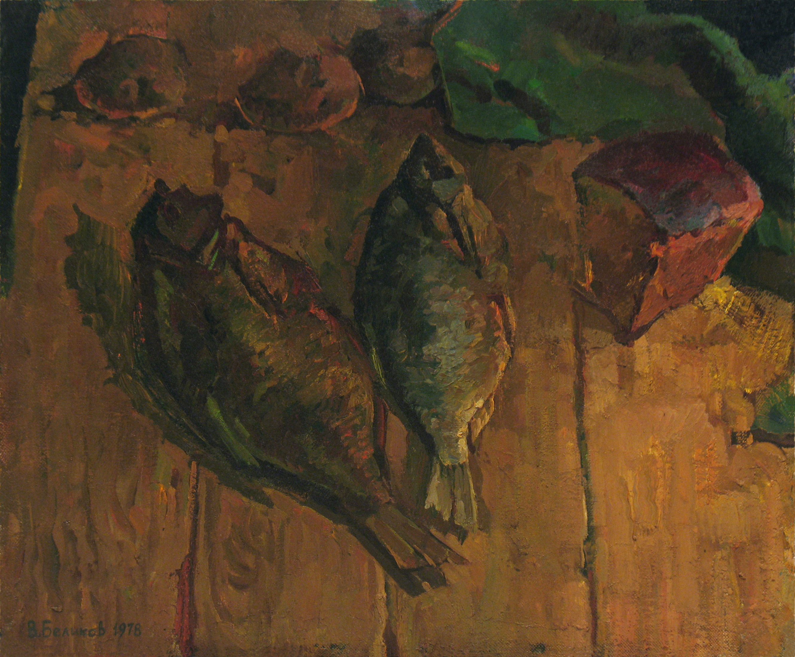 Sergey Belikov; Still Life With Fish, 1978, Original Painting Oil, 55 x 45 cm. Artwork description: 241 Original oil painting on canvas, still life in realistic style with water fish...
