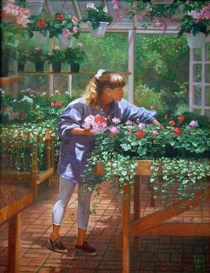 Lisa Johnson; Christine In The Greenhouse, 1992, Original Painting Oil, 22 x 28 inches. Artwork description: 241 An enviornmental portrait of a young woman at work. ...