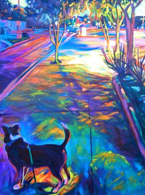 Bonnie Lambert; Scout At Twilight, 2014, Original Painting Oil, 30 x 40 inches. Artwork description: 241  cityscape, twilight, night, sundown, shadows, reflections, dog, puppy, rescue, happy, leash, wag, mutt, street, cars, autos, neighborhood, light, dappled ...