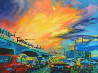 Bonnie Lambert; Elevated, 2015, Original Painting Oil, 24 x 18 inches. Artwork description: 241 La Cienega Avenue meets the elevated in Culver City, California at rush hour...