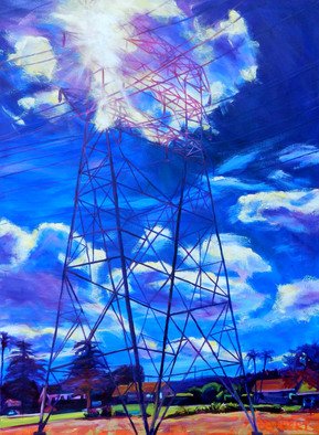 Bonnie Lambert; Flash, 2016, Original Painting Oil, 40 x 30 inches. Artwork description: 241 noon, bright, blue, day, urbanscape, cityscape, power, tower, transmission tower, lines, phone, orange, bright, neighborhood, town...