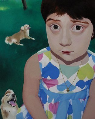 Brikena Berdo; I Killed My Dog, 2007, Original Painting Oil, 95 x 120 cm. Artwork description: 241  Shame and pleasure of doing something bad. These are the first feelings I want to convey through the perplexed- angelic face of a kid. An disturbing feeling of having done something wrong and don' t know what to feel about it ...