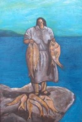 Bryce Brown; The Fisherwoman, 2005, Original Painting Acrylic, 51 x 76 cm. Artwork description: 241 A strong, statuesque maori woman presents her fish to the viewer. ...