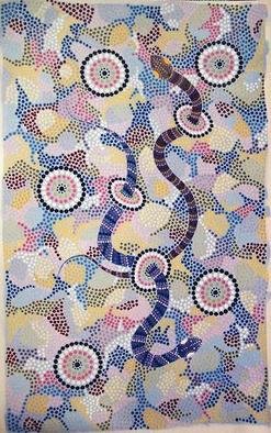 Carlene Lavender; Snake Dreaming, 2006, Original Painting Acrylic, 43 x 71 cm. Artwork description: 241  Snake Dreaming is told around the campfires at night.  Stories told from one generation to the next, being passed down like a family treasure.Authenticity Ref. No. COOO53437 ...