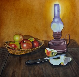 Carolyn Judge; Midnight Feast, 2021, Original Watercolor, 50 x 50 cm. Artwork description: 241 Juicy apples shine brightly in the lamp light.  Rich colours make this a very attractive painting.  This painting is framed without glass.  The watercolour has a UV protective coating applied for longevity. ...