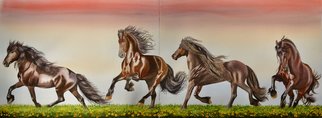 Carolyn Judge; Montana, 2021, Original Watercolor, 155 x 60 cm. Artwork description: 241 Four beautiful Friesian horses running across a meadow with a beautiful sunset behind them.  Painted across 2 sheets of paper and secured to a single panel.  This image is full of action.  This painting is framed without glass.  The watercolour has a UV protective coating applied for ...