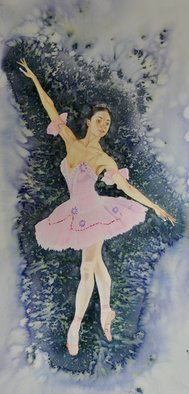 Carolyn Judge; Poised, 2021, Original Watercolor, 36 x 76 cm. Artwork description: 241 Beautiful Ballerina posing En Pointe.  She is embellished with glitter and sequins on her dress and surrounded by an abstract swirling background.  This painting is framed without glass.  The watercolour has a UV protective coating applied for longevity. ...