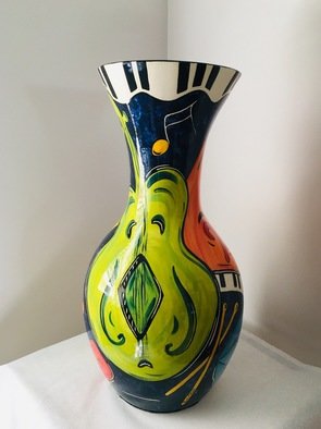 Claudia Beldent; The Music Band By Claudia..., 2019, Original Ceramics, 12 x 27 inches. Artwork description: 241 Claudia BeldentaEURtms One of a kind hand painted large vase with vibrant colors and sgraffito. ...