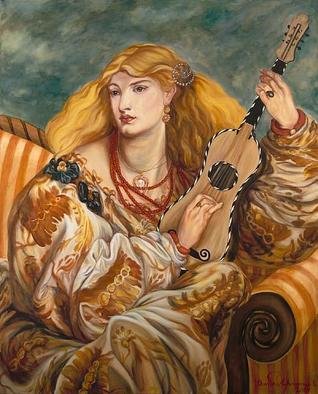 Christine Lytwynczuk; Carees, 2005, Original Painting Acrylic, 48 x 60 inches. Artwork description: 241 Giclees available from $60 to $1500.  Please inquire with artist.Caressa was inspired by the world traveling women of the 1800' s.  Dripping with theatrics, adventure and romance, she sits in a rich interior lost in the emotion of her music. She is also a homage to ...