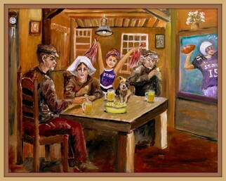 Charles Hanson; Potato Chip Eaters, 2015, Original Painting Oil, 28 x 22 inches. Artwork description: 241 Based on VanGogh Potato Eaters, this version has them eating potato chips and drinking beer, added cheer leader, dog and large screen tv. ...