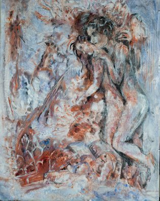 Caren Keyser, 'Ambiguous Love', 2016, original Painting Acrylic, 9 x 12  cm. Artwork description: 3099  Two lovers embrace in this poignant piece. Acrylic on Yupo  love, sex, hug, hold, lesbian, blue, brown, bronze, metallic, texture, white ...