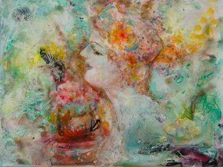Caren Keyser, 'Flowers In Her Hat', 2015, original Painting Acrylic, 128 x 92  x 0.1 cm. Artwork description: 2703 This expressive painting depicts a woman with flowers in her hair or on her hat. Colors flow around her. There may be a coffee cup and a bird as well in the mix. Lovely green colors dominate. ...