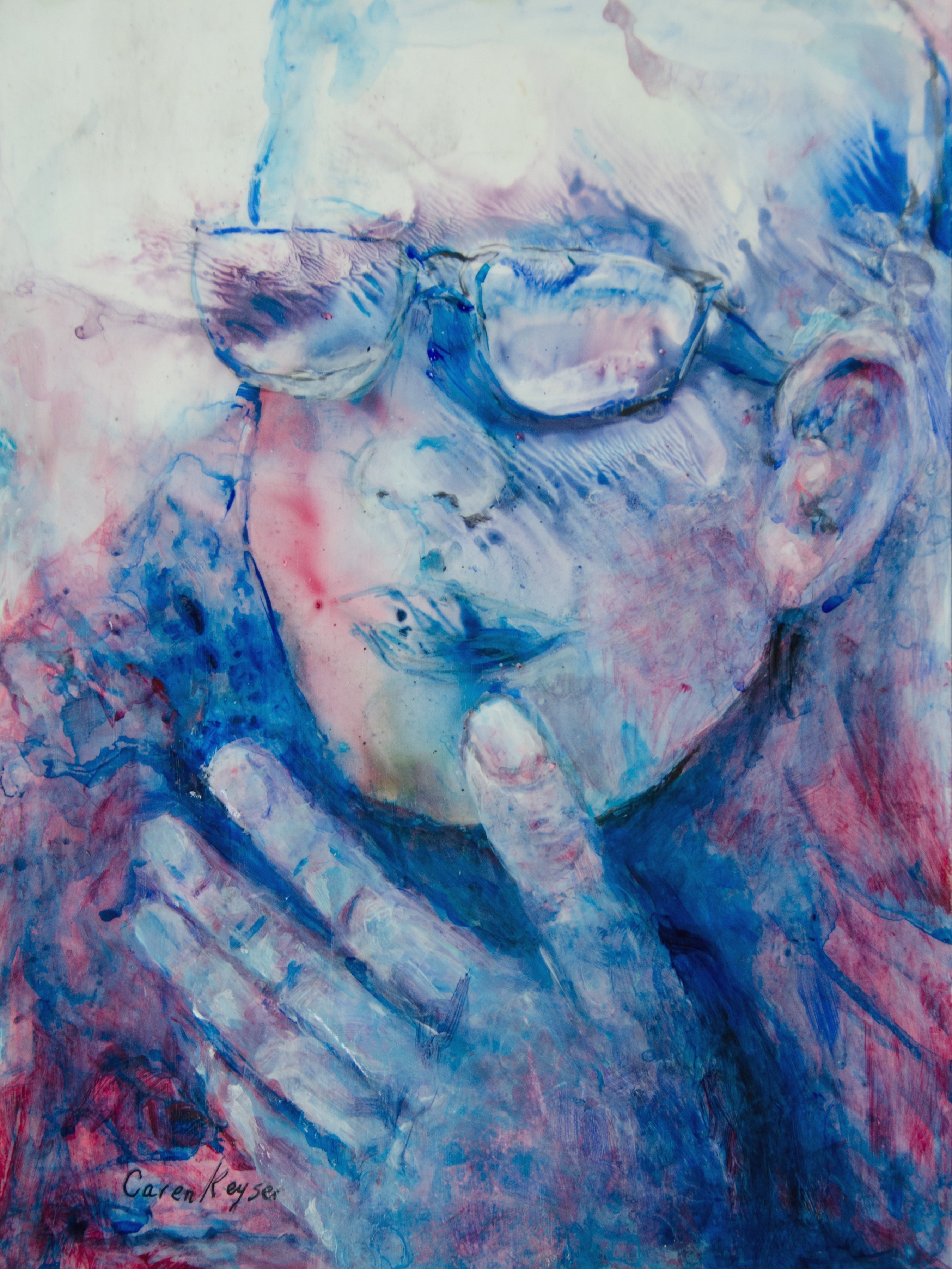 Caren Keyser, 'Hand And Glasses', 2016, original Painting Acrylic, 9 x 12  x 0.1 cm. Artwork description: 2703  Glasses and a hand to the chin dominate this painting in blues and reds. This is an intuitive painting where the face was found in the abstract application of acrylic paint to Yupo, a synthetic plastic paper. ...