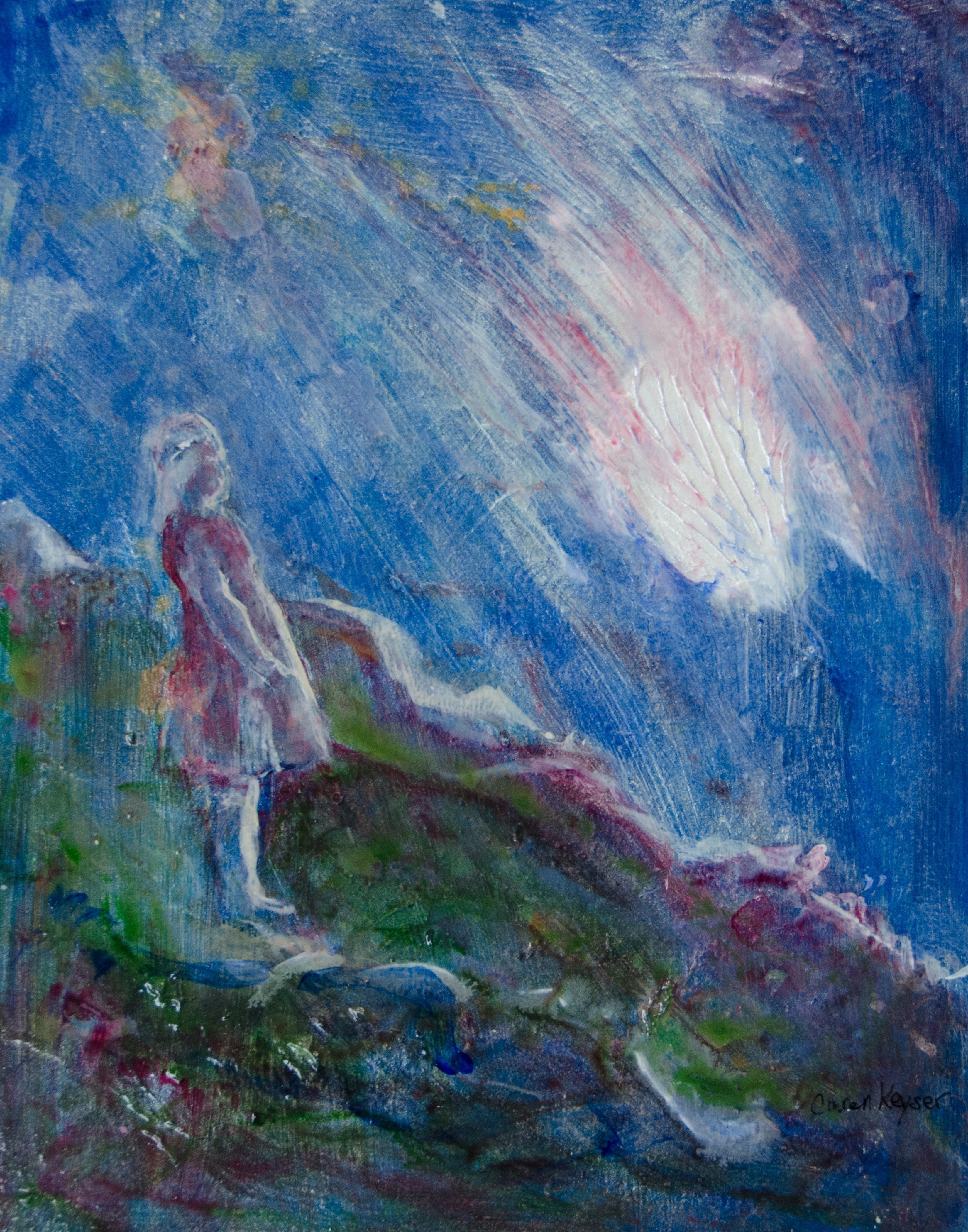 Caren Keyser, 'It Fell From The Sky', 2016, original Painting Acrylic, 11 x 14  cm. Artwork description: 2703  There is a bright glow from an object falling through the night sky. The girl watches it from the hillside. The atmosphere in this painting is enhanced by the use of an iridescent glaze over the entire painting. ...