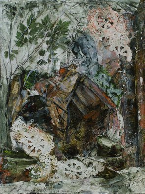 Caren Keyser, 'Old Mill Collage', 2011, original Collage, 9 x 12  x 1 cm. Artwork description: 3099 Paper, magazine clippings, paint, and ink combine to create an old mill or cabin by the water in the woods.  It is a heavily textured collage on stretched canvas.  It has the feel of the deep dark woods with splashing water surrounding the old wooden structure.  ...