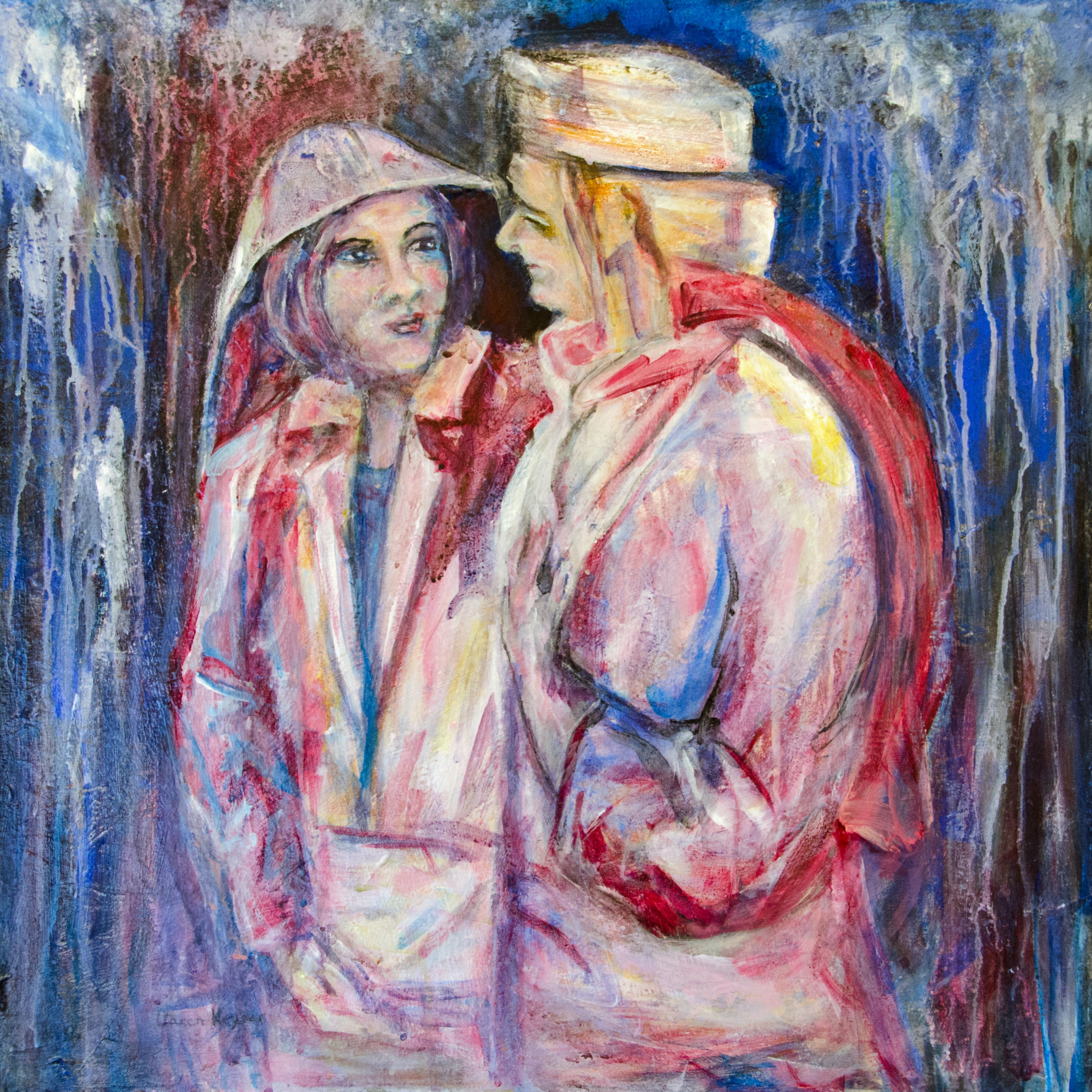 Caren Keyser, 'Rainy Day Friends', 2016, original Painting Acrylic, 20 x 204  x 2 cm. Artwork description: 2307  This acrylic painting on canvas depicts a meeting of two women from different cultures. Perhaps they are friends. The woman on the right, perhaps from the middle east, seems to be counseling the woman on the left. ...