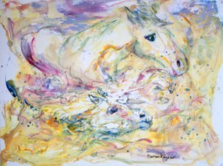 Caren Keyser, 'Steeplechase Spill', 2015, original Painting Acrylic, 14 x 11  cm. Artwork description: 3099  Horses and rider are all in the water. Even the saddle is gone. This steeplechase spill is captured in yellows and other pastel colors. The acrylic paints flow on the Yupo papers plastic surface. ...