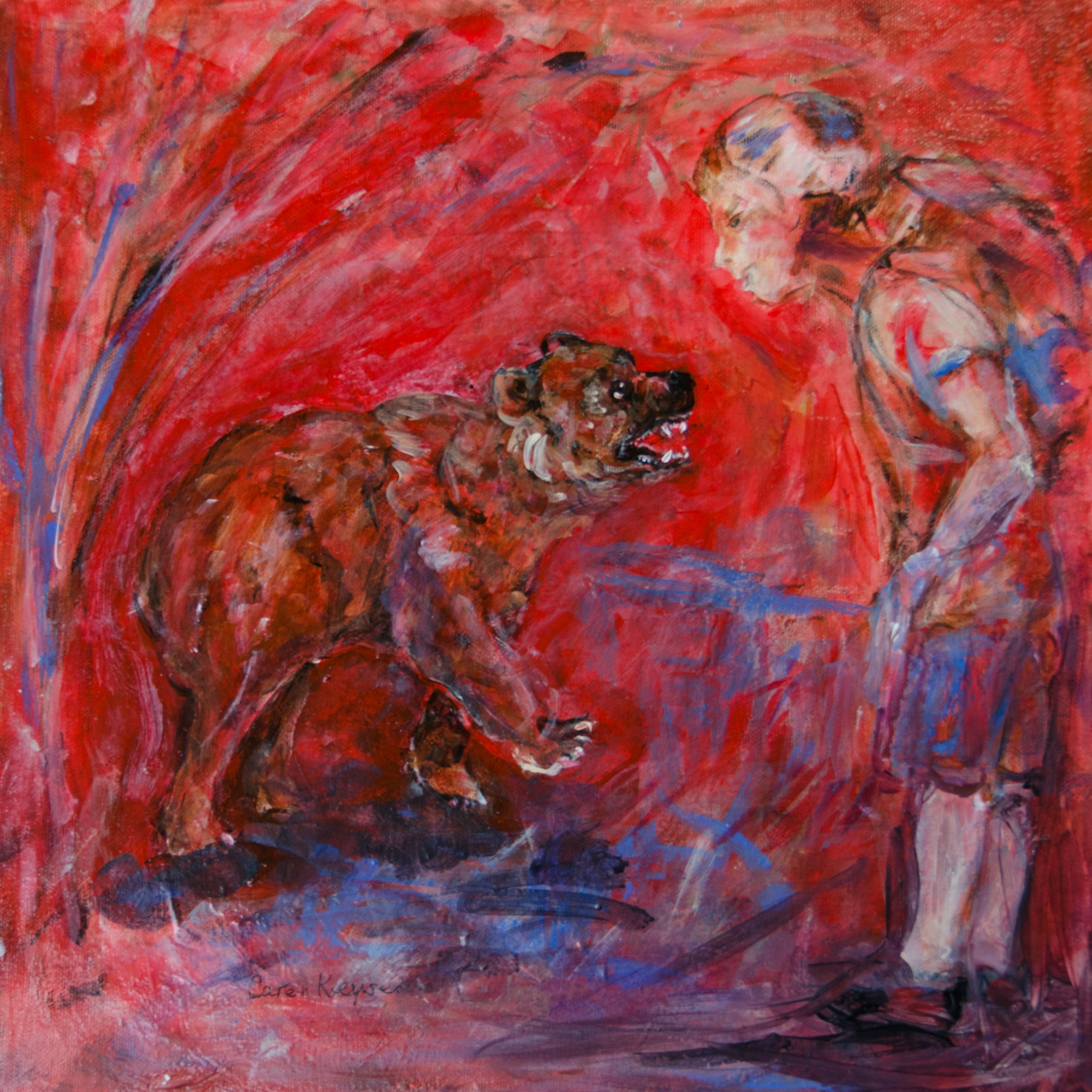 Caren Keyser, 'The Encounter', 2016, original Painting Acrylic, 14 x 14  x 2 cm. Artwork description: 2307  Boy meets Bear in the woods. encounter, brown, bear, fear, interest, surprise, fur, backpack, orange, red, blue, teeth, claws, growl...