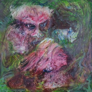 Caren Keyser, 'Werewolf', 2015, original Painting Acrylic, 12 x 12  x 2 cm. Artwork description: 3099  A frightening image of a Werewolf watches over a gypsy woman.  This is a dramatic painting.  It was painted just before Halloween when the werewolf and the woman appeared as if by magic within my paint strokes.  It is Acrylic paint on Paper.  holiday, seasonal, scare, spooky, ...