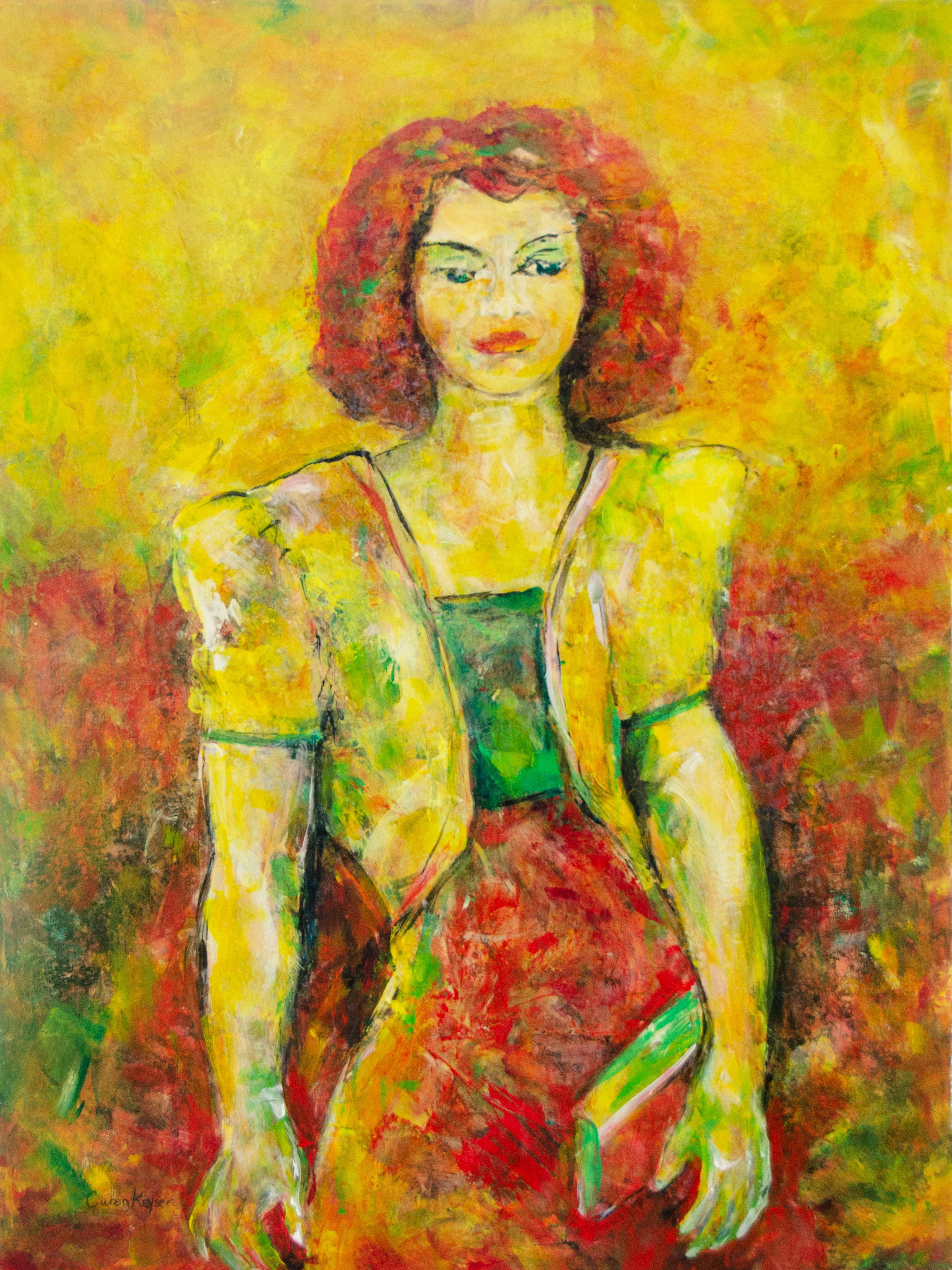 Caren Keyser, 'Yellow Jacket', 2018, original Painting Acrylic, 18 x 24  cm. Artwork description: 1911 This painting has grown out of many many layers of acrylic paint.  The woman is wearing a yellow jacket with padded shoulders and carrying a clutch purse.  Her red hair is in brilliant contrast to the yellow energetic background.  The lower red background abounds with interesting brush ...