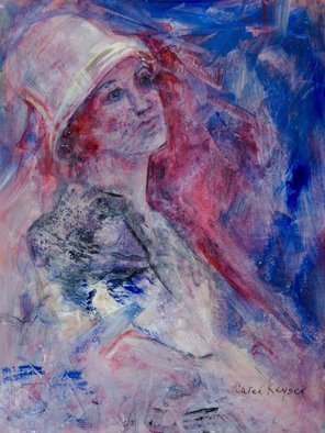 Caren Keyser, 'Lady In A White Hat', 2017, original Painting Acrylic, 9 x 12  x 0.1 cm. Artwork description: 2307 This painting evolved from the white hat I found in my first application of paint.  She melts into the bold red and blue of the background with a pondering expression on her face.  ...