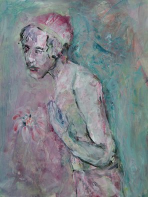 Caren Keyser, 'Observer', 2017, original Painting Acrylic, 9 x 121  x 0.1 cm. Artwork description: 2307 The strange figure seems to be observing a flower that has caught his eye. He wears a hat but only a towel. The flower seems to please him. ...