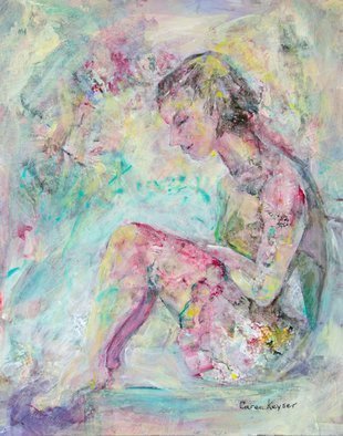 Caren Keyser, 'Pensive', 2018, original Painting Acrylic, 11 x 14  x 0.1 cm. Artwork description: 2307 This girl in a short flirty skirt is sitting on a bench with her feet up looking very pensive. Her thoughts have drifted away. ...